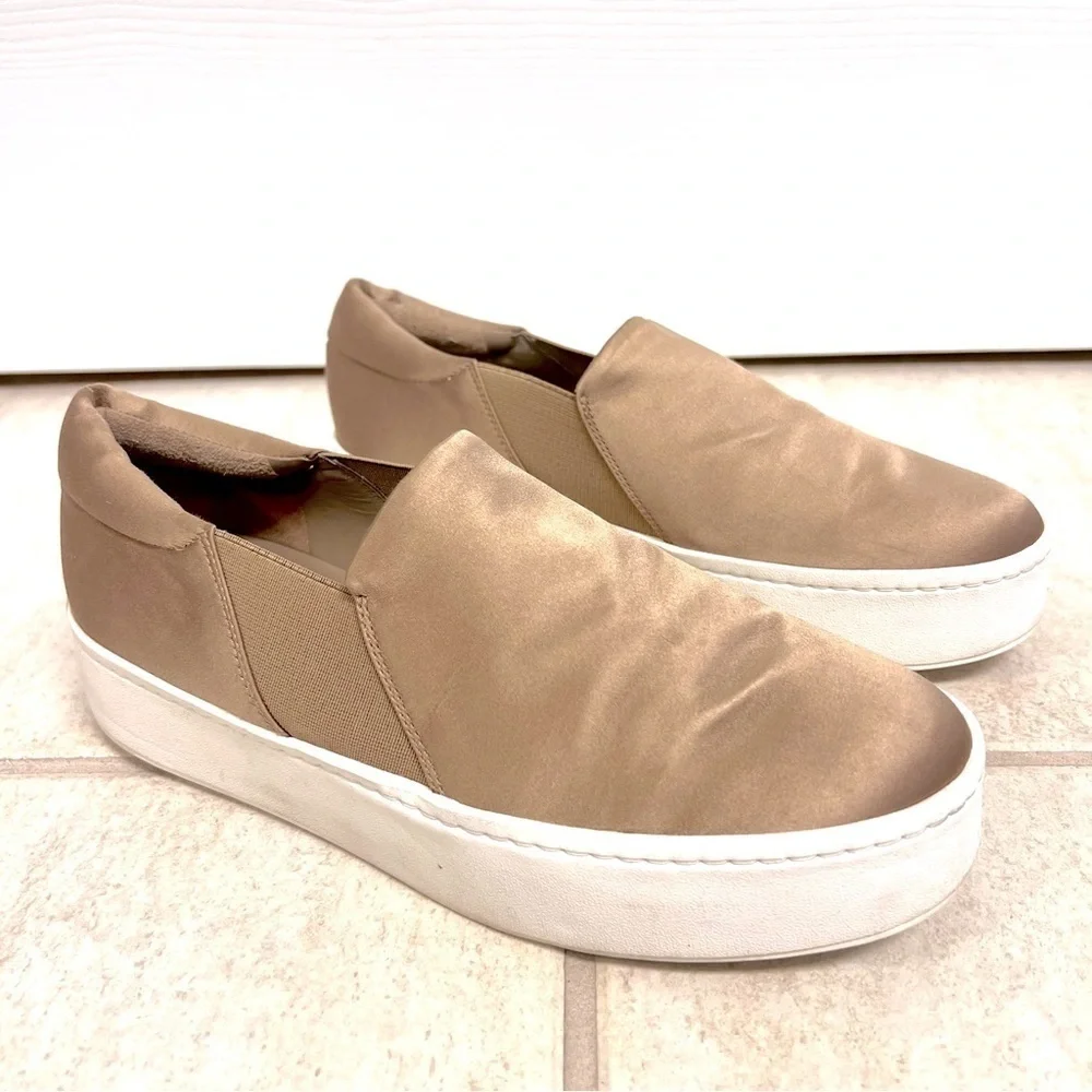VINCE Warren Platform Sneakers Tan satin women’s size 8M preppy comfy